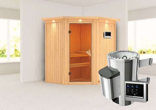Karibu Sauna Tuckum aus Fichtenholz in Beige inklusive 3,6 kW Saunaofen mit externer Steuerung für 3 Personen, B/T/H: 202,0 x 165,0 x 184,0 cm - Bild 1