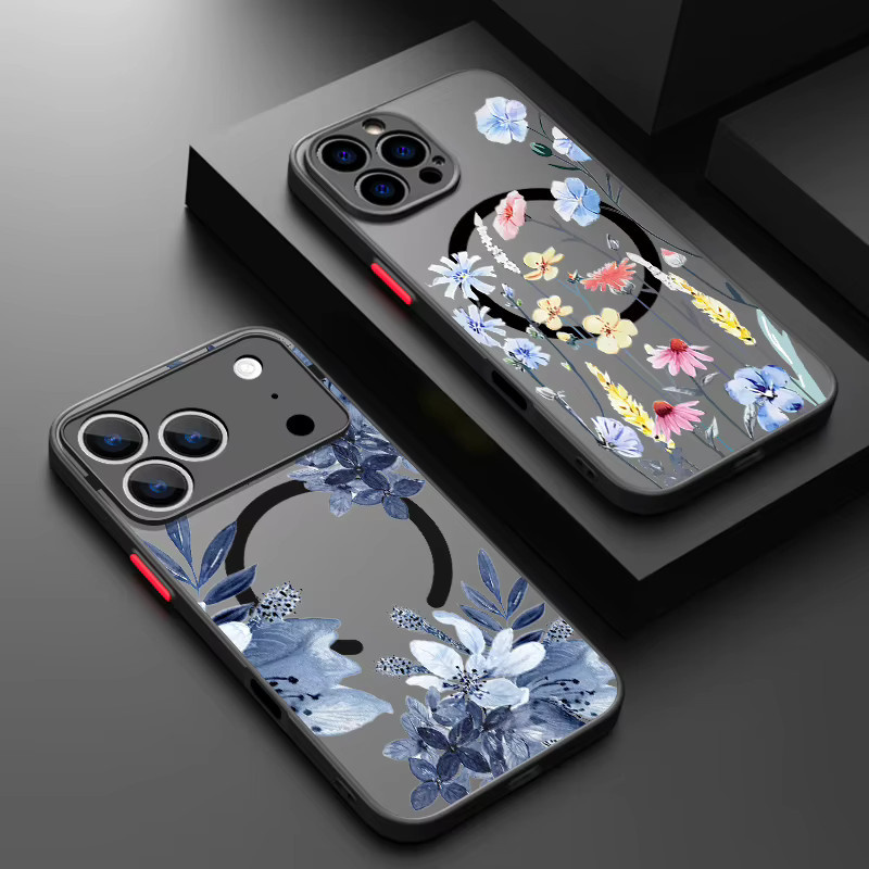 Magnetische iPhone Handyhülle mit Blumendruck und MagSafe Kompatibilität, stoßfeste Abdeckung für Apple iPhone 17 16 15 14 13 12 11 Pro Max Plus, Farbe: Multicolour/Schwarz - Bild 1