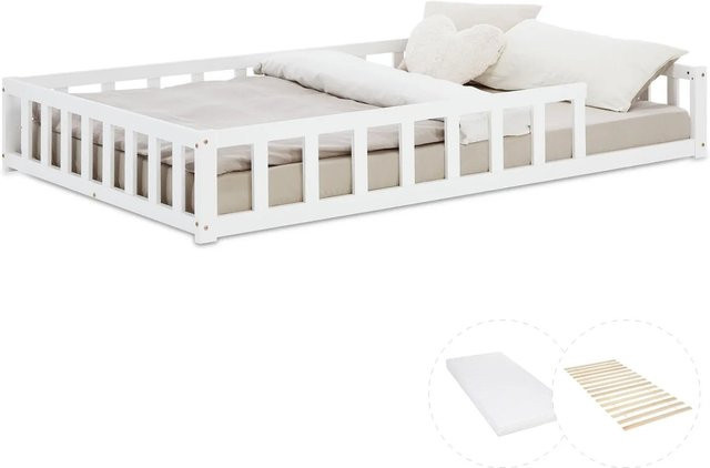 Homestyle4u Kinderbett aus Kiefernholz in Weiß mit Rausfallschutz, Lattenrost und Matratze, B/T/H: 125 x 206,5 x 32 cm - Bild 1