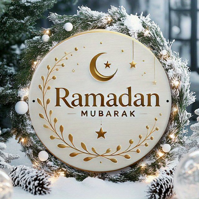 Potdemiel Ramadan Mubarak Aluminiumschild mit Halbmond, Sternen und Kranz in Weiß und Gold - Bild 1