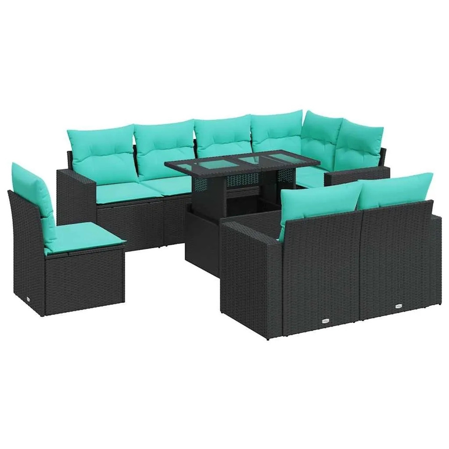 vidaXL 9-tlg. Garten-Sofagarnitur in L-Form aus schwarzem Poly-Rattan mit Kissen und pulverbeschichtetem Stahlgestell - Bild 2