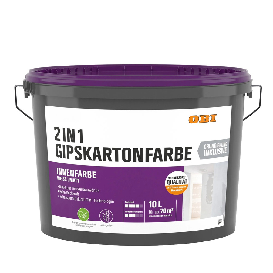 OBI Gipskartonfarbe 2in1 Weiß Matt Dispersion 10,0 l - Bild 2