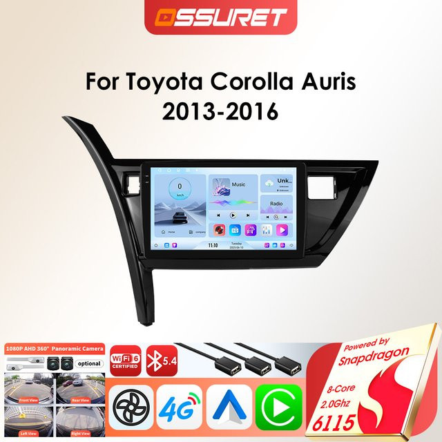 OSSURET 6115 Android Auto Radio Player für Toyota Auris und Corolla 2013-2016 mit Carplay, GPS und 360CAM, Schwarz, 2DIN - Bild 1