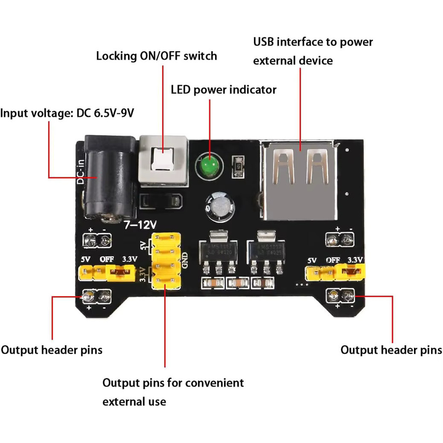 AOKIN MB102 Breadboard Netzteil Modul Set 6 Stück, 3,3V 5V, DC 6,5-12V und USB, Schwarz - Bild 2