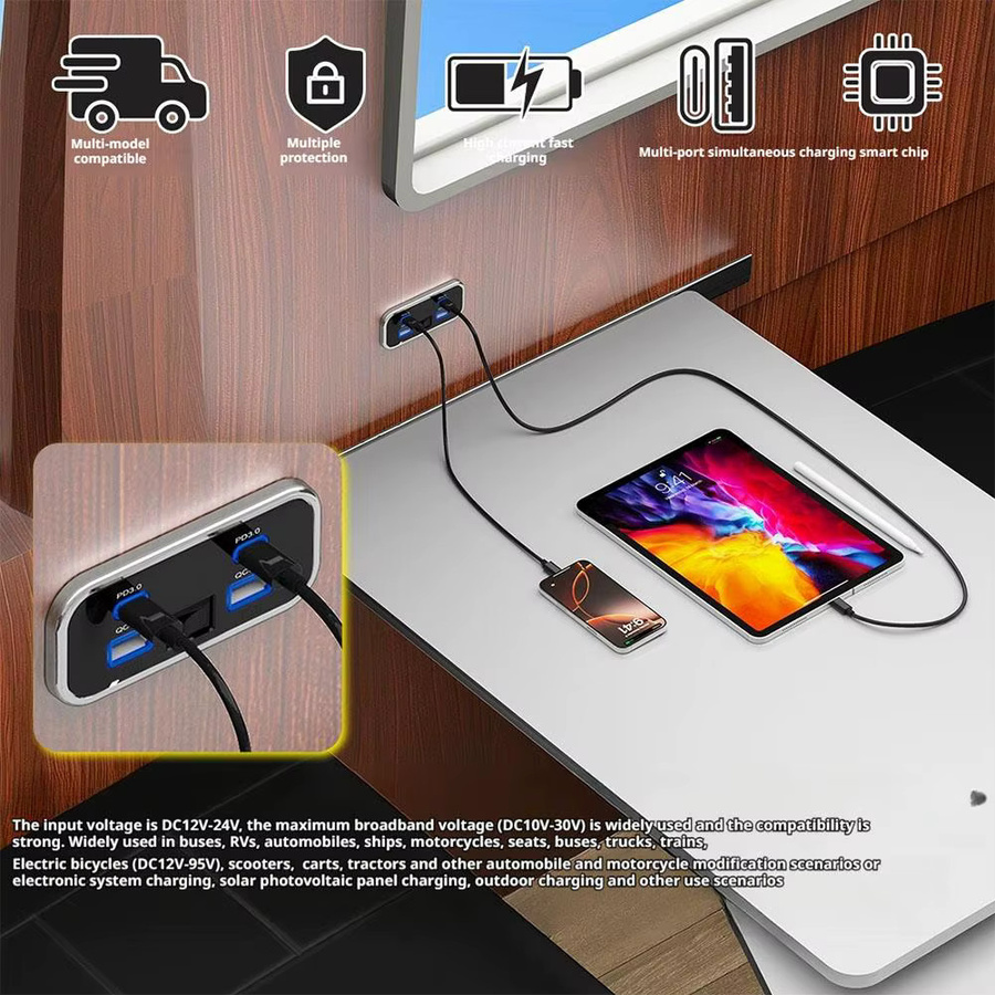 12 V USB-Steckdose mit 4 Ports für Marine, Bus und Wohnmobil, Dual PD3.0 Typ C Schnellladung & QC3.0, 76 W, Schwarz - Bild 3