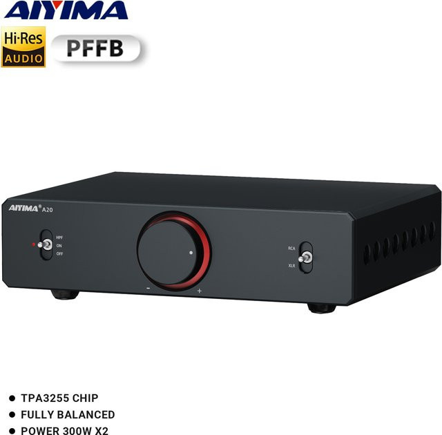 AIYIMA A20 PFFB Stereo Endverstärker TPA3255 mit 300W x2, XLR/RCA Eingang, High Pass Filter, Schwarz - Bild 1