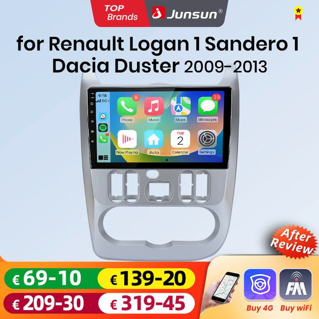 Junsun Android Auto Autoradio mit Wireless CarPlay, GPS und Navi für Renault Logan 1 und Sandero 2009-2013, Schwarz - Bild 1
