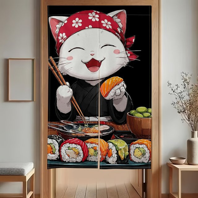 VIKAMA Japanischer Cartoon-Türvorhang mit Lachsmotiv in Mehrfarbig als Küchentrenner und Heimdekoration - Bild 1
