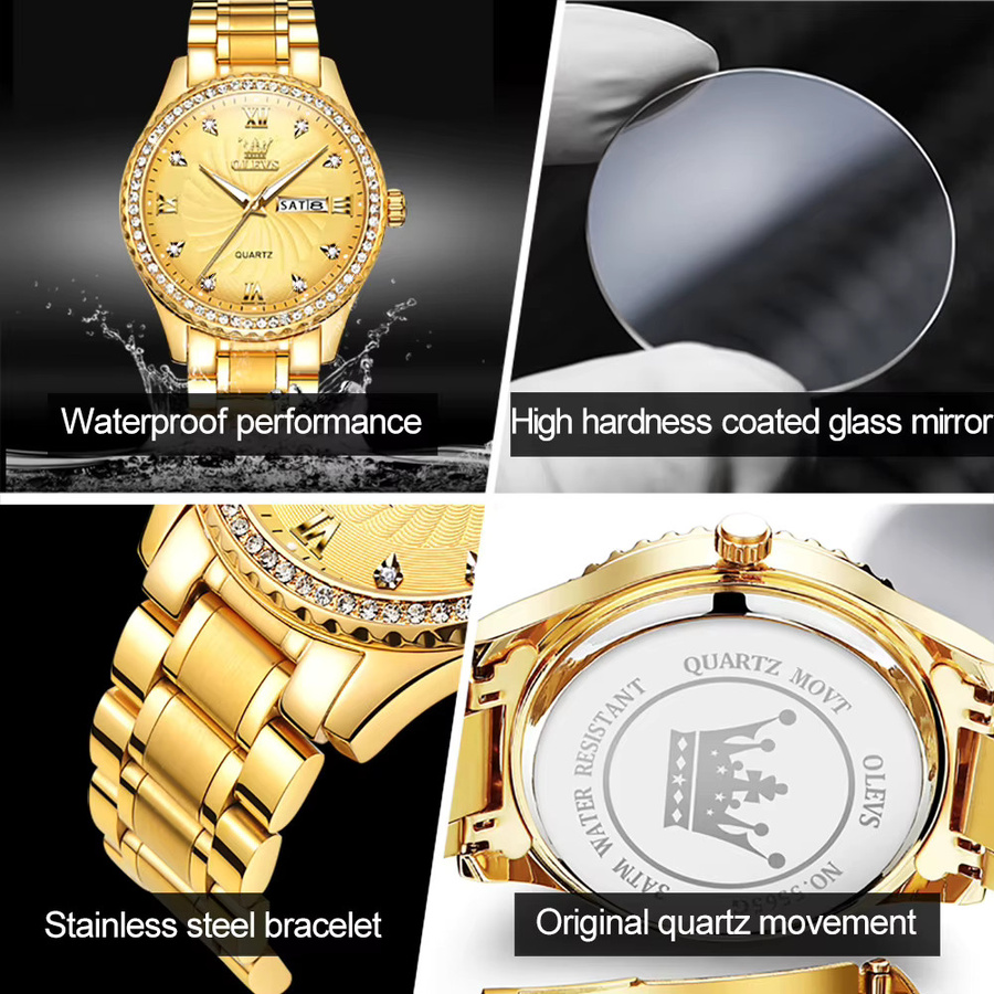 OLEVS Armbanduhr Quarz, Edelstahl, Gold, Diamantbesetzt, Herren - Bild 3