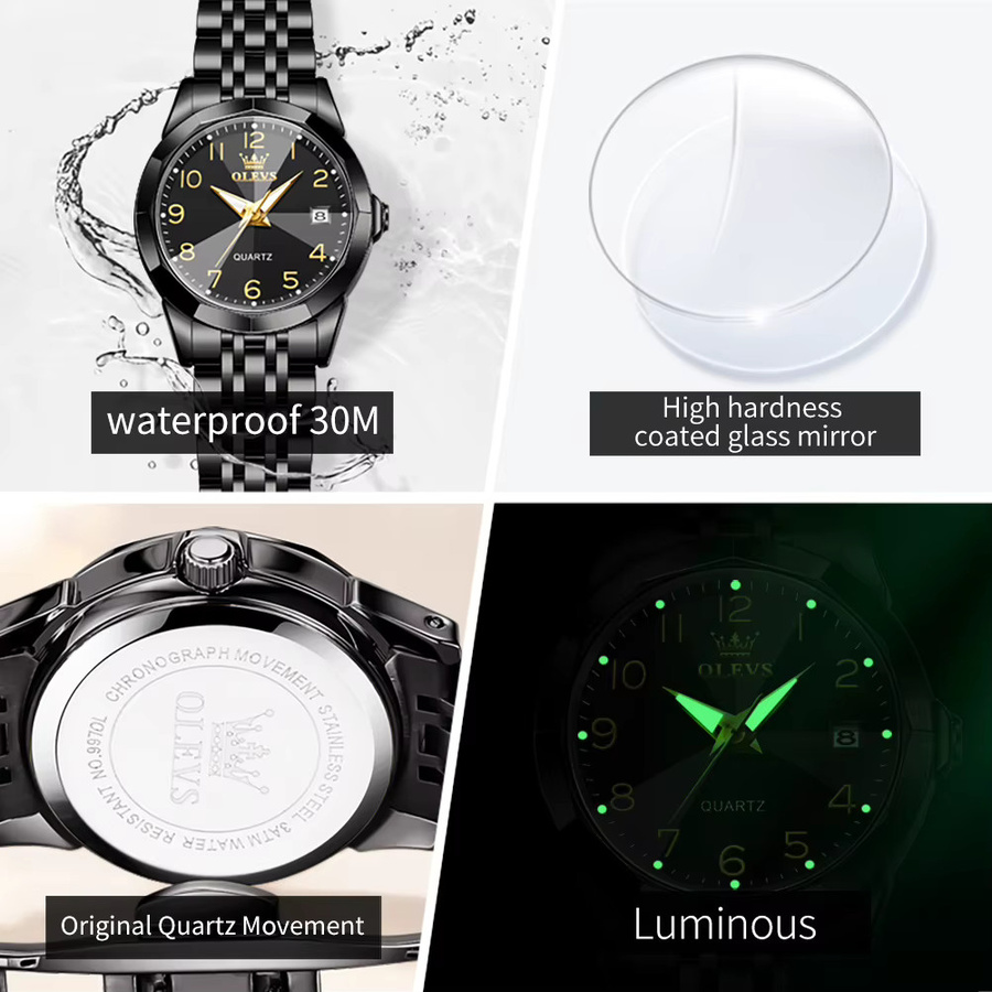 OLEVS Armbanduhr, Analoguhr, Edelstahl, Schwarz, Damen, Datum - Bild 3