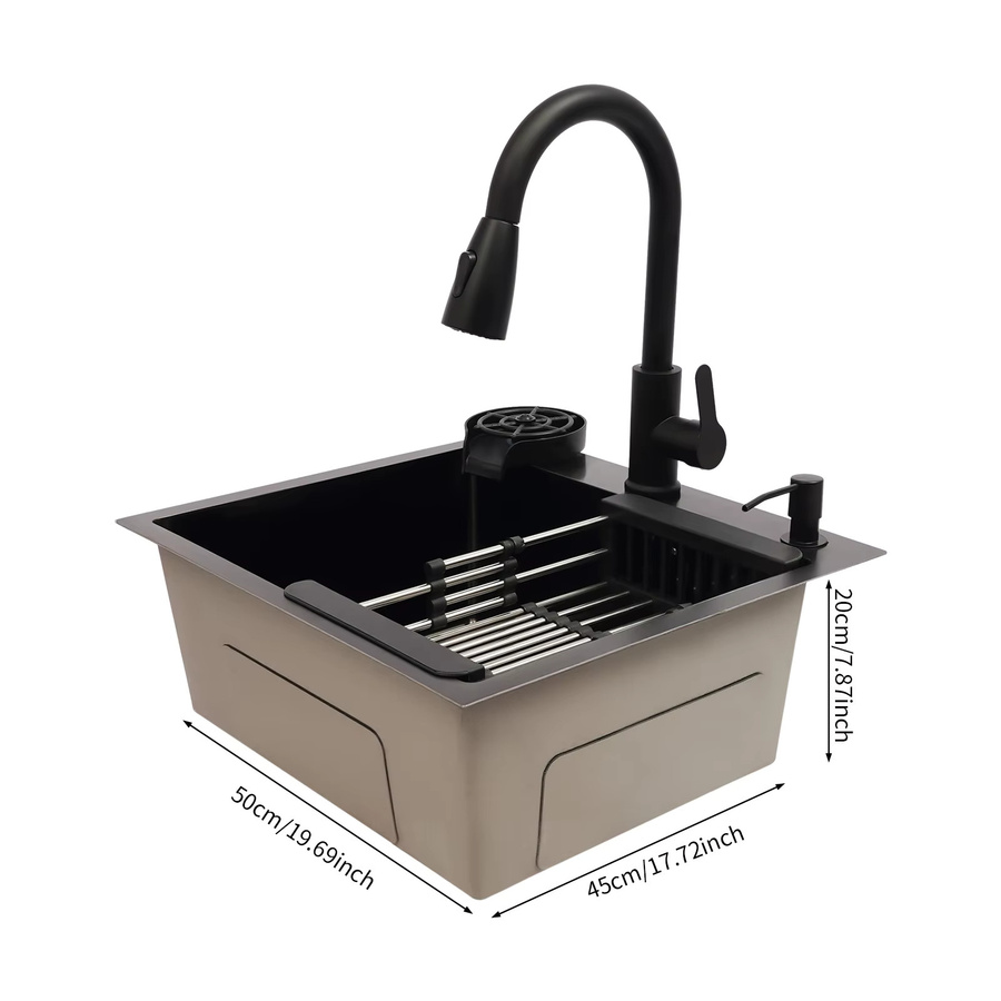 Bymaocar Mehrzweckspüle für die Küche in Schwarz mit ausziehbarer Armatur, Seifenspender, Gläsenspüler und Abtropfkorb, B/T/H: 50 x 45 x 20 cm - Bild 4