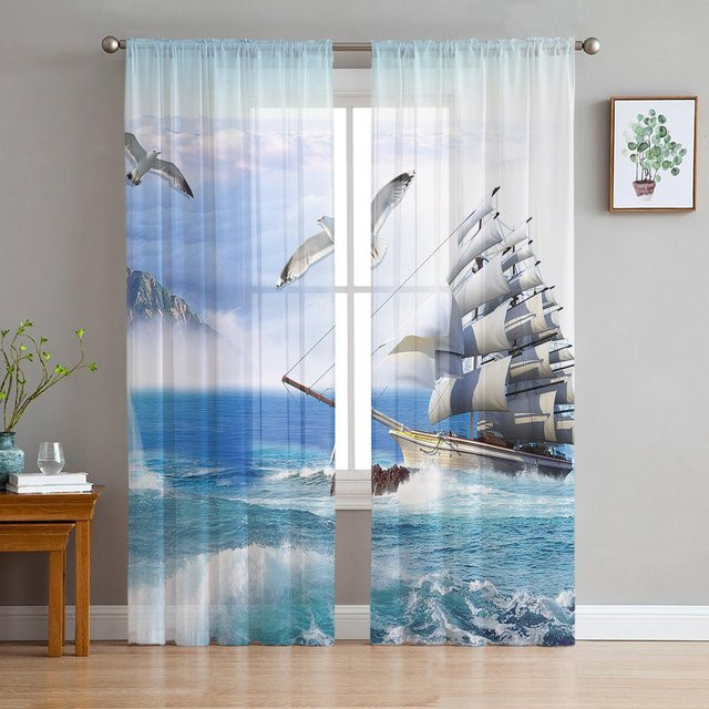 Super Six Transparente Tüll-Vorhänge mit Vintage Boot Motiv in Blau, B/H: 135 x 114 cm - Bild 1