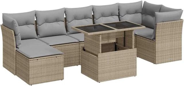 vidaXL 8-teilige Garten-Sofagarnitur in L-Form aus Poly-Rattan und pulverbeschichtetem Stahl mit beige-grauen Kissen - Bild 1