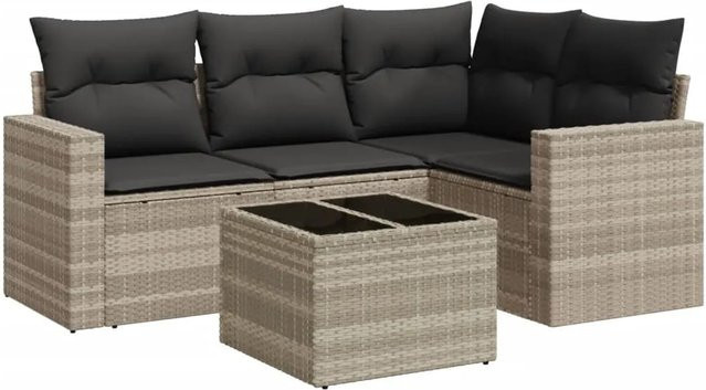 vidaXL 5-tlg Garten-Sofagarnitur in L-Form aus hellgrauem Poly-Rattan mit UV-beständigen Kissen und pulverbeschichtetem Stahlgestell - Bild 1