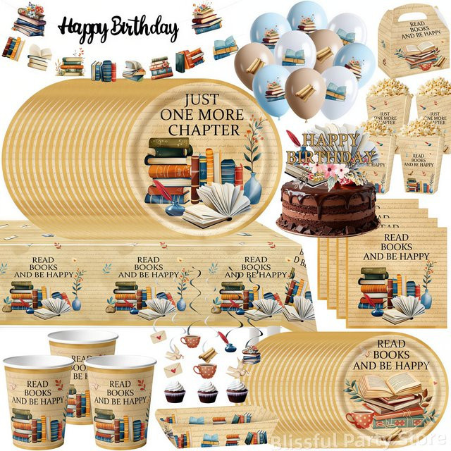 Potdemiel Retro Vintage Bücher Party-Dekorationsset mit Wimpel, Bechern, Bannern und Ballons in Mehrfarbig - Bild 1
