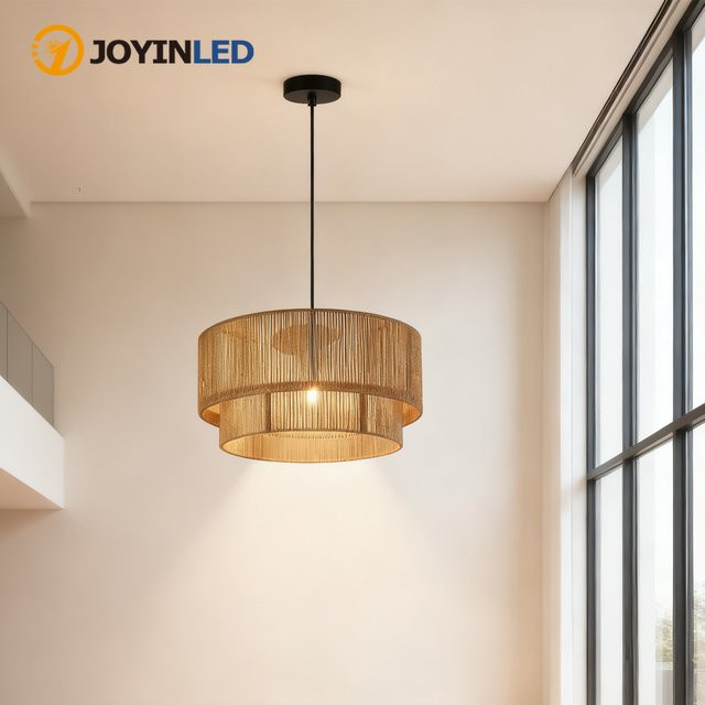 JOYINLED Boho Retro Pendelleuchte aus Rattan, 2-schichtige handgewebte Hängelampe in Schwarz, E27, Durchmesser: 45 cm - Bild 1