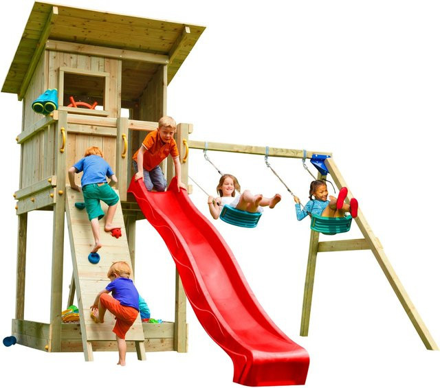 Spielturmking Spielturm BEACH HUT, Rutsche, Doppelschaukel, Kletterwand, Rot - Bild 1