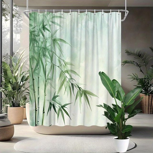 Dai Jiaochuan Duschvorhang mit Bambus-Aquarell-Motiv in Grün, wasserdicht und schimmelresistent, B: 90 cm, H: 180 cm - Bild 1