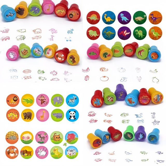 10er Set Selbststempelnde Kinder Spielzeug Briefmarken mit bunten Tier- und Obstmotiven für Scrapbooking und DIY Sammelalben - Bild 1