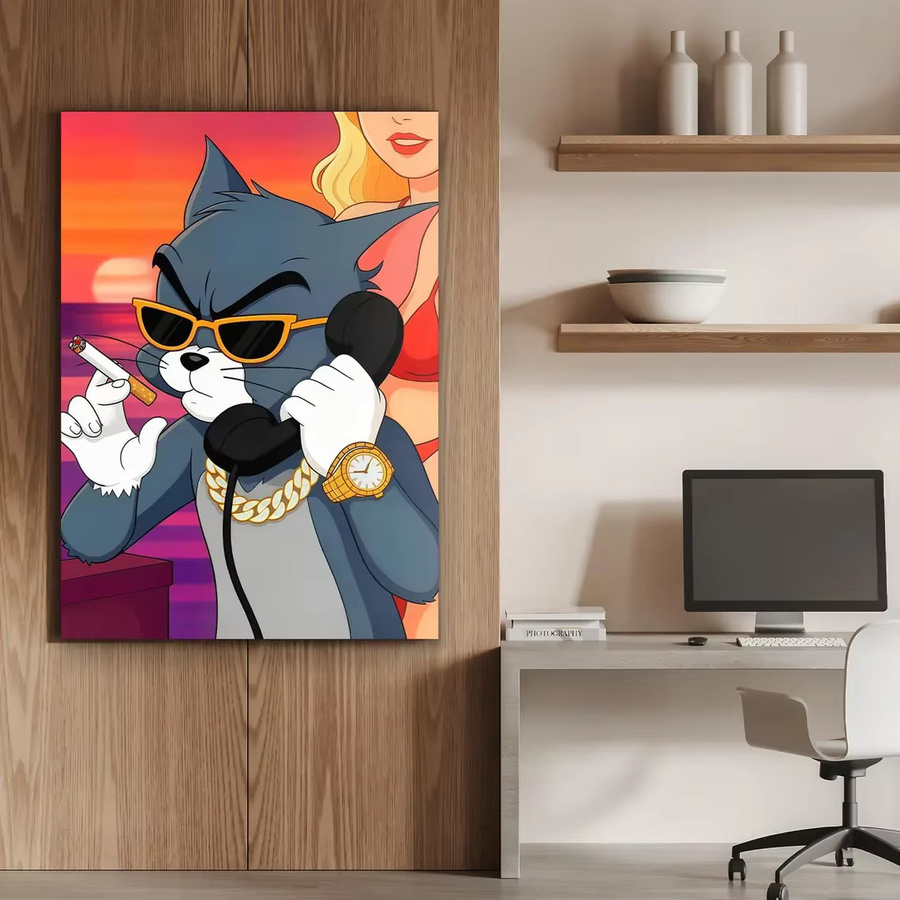Cool Cat Business Art Digital Download Retro Sonnenuntergang Cartoon Poster Lustige Katze Wandkunst Mehrfarbig - Bild 4