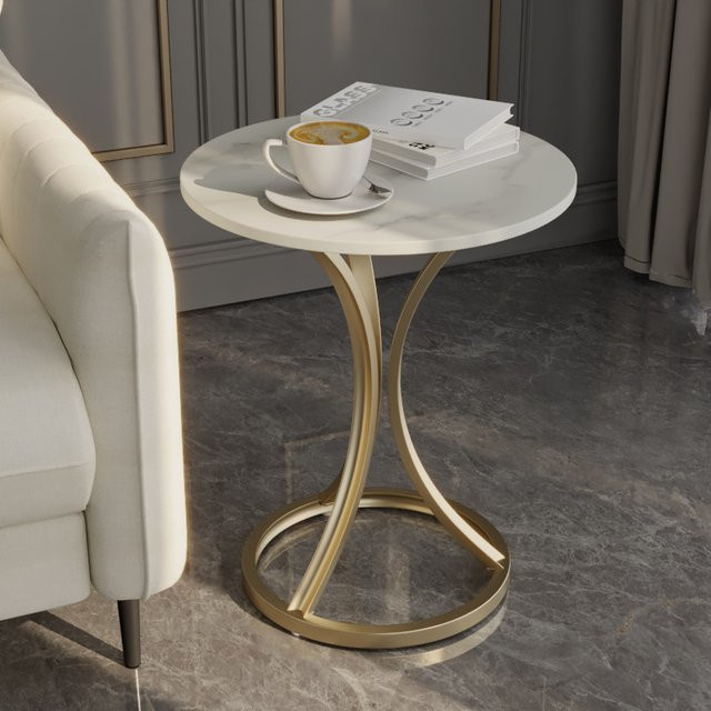 Moderner runder Couchtisch LIUSHADUOLA in Weiß mit Marmor-Optik für Wohnzimmer, Schlafzimmer, Terrasse oder Balkon - Bild 1