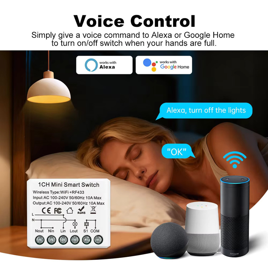 MANHOT Mini Smart DIY Schalter 2-Wege-Schaltmodul mit WiFi und RF433, weißes Smart Relais zur Automatisierung, kompatibel mit Tuya und Google Assistant - Bild 5