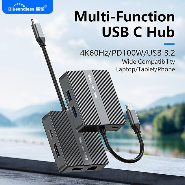 Blueendless 7in1 USB C Hub USB 3.2 Adapter Typ C Dockingstation für Laptop mit 4K 60Hz Dual HDMI, RJ45 Ethernet und PD Schnellladung - Bild 1