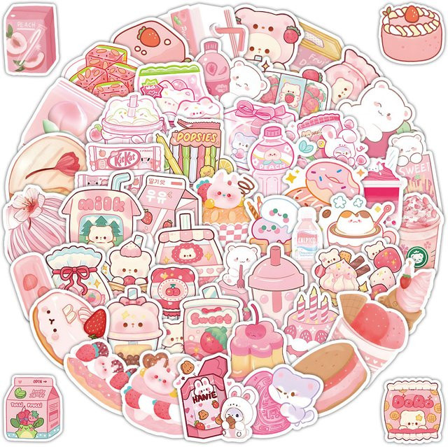 63 Stück Cartoon Rosa Snack-Aufkleber mit niedlichen Lebensmittel-Motiven von BulingBulingStickers Store für deine DIY-Dekoration und Notizbücher - Bild 1