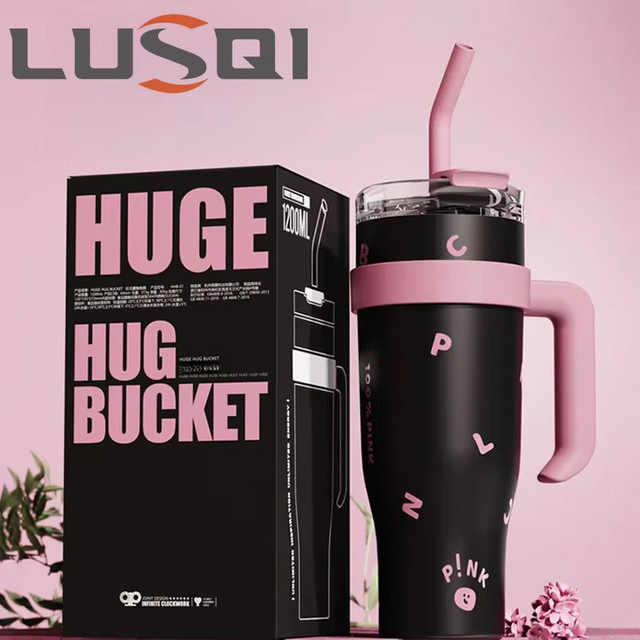 Lusqi Thermosflasche aus Edelstahl mit Griff und Strohhalm in Pink, 1200 ml - Bild 1