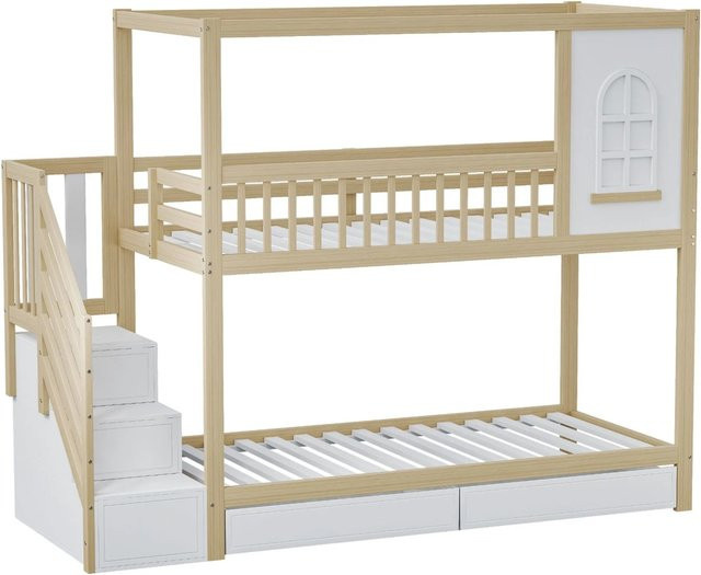 Merax Etagenbett in Hausform mit Treppe und Schubladen, Weiß und Braun, B/T/H: 200 x 90 x 192 cm - Bild 1