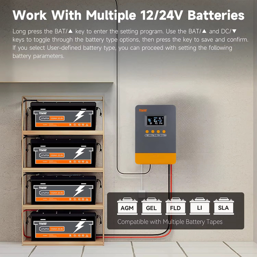 PowMr MPPT Solarladeregler für 12V und 24V in Grau, passend für LiFePO4 Batterien, maximaler PV-Eingang 100VDC - Bild 2