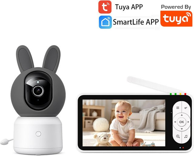 REHENTINT Tuya SmartLife Babykamera mit 5-Zoll-Großbildschirm in Weiß, 1080P FHD, Nachtsicht, Schrei- und Geräuscherkennung sowie WLAN- und Non-WLAN-Modus - Bild 1
