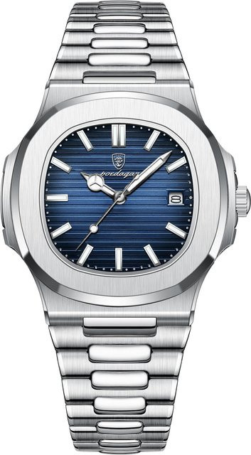 POEDAGAR Armbanduhr, Quarz, Edelstahl, Eckig, Blau, Silber, Herren - Bild 1