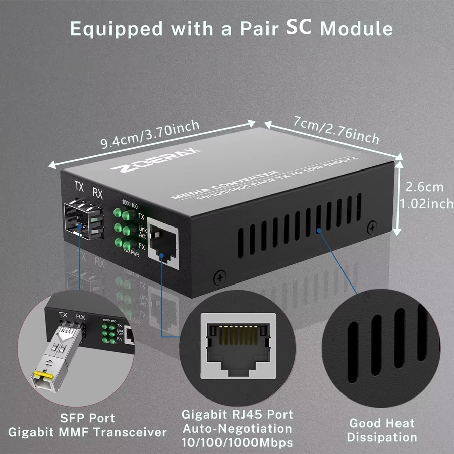 ZoeRax Gigabit SC Single-Mode SFP Transceiver-Modul mit Glasfaser-zu-RJ45-Ethernet-Medienkonverter in Schwarz - Bild 2