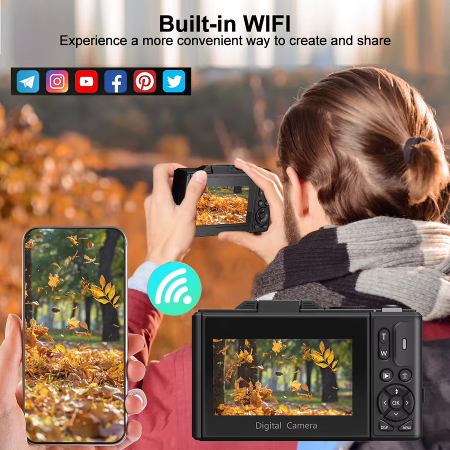 Ourlife 5K Kompakte Digitalkamera mit 18-fachem Digitalzoom und 180 Grad Flip-Screen für Vlogs und Reisen in Schwarz oder Weiß - Bild 3
