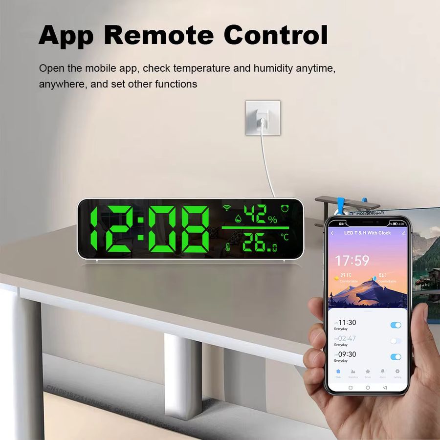 Tuya WiFi LED Spiegelwecker mit Temperatur- und Feuchtigkeitssensor, weiß, rechteckig, USB-Anschluss - Bild 3