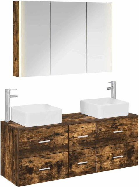 vidaXL Badezimmermöbel-Set 4-teilig aus Eiche in Braun mit LED-Spiegelschrank und Waschtischunterschrank, modern und wandmontiert - Bild 1