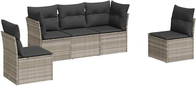 vidaXL 5-tlg. Garten-Sofagarnitur in L-Form mit Kissen, Hellgrau, Poly-Rattan und Metallrahmen - Bild 1