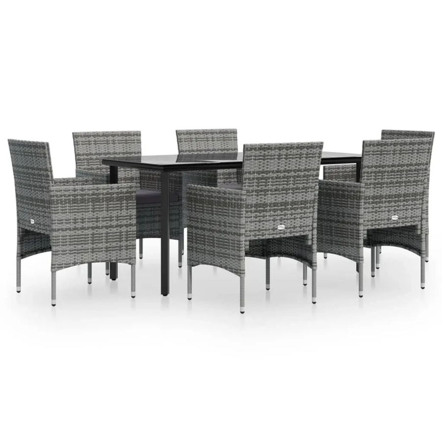 vidaXL 7-teilige Garten-Essgruppe aus PE-Rattan mit Kissen in Grau und Schwarz und Hartglastisch - Bild 2