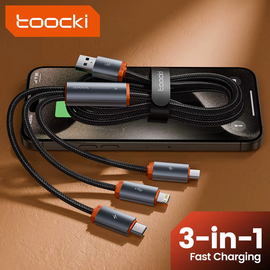 Toocki 3 in 1 USB Multi Port Schnellladekabel für iPhone, USB-C und Micro-USB in Schwarz und Orange - Bild 6
