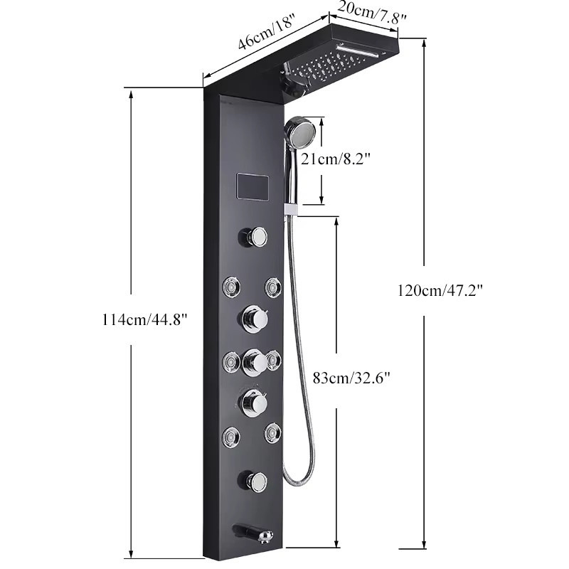 MYQualife LED-Duschpaneel in Matt Schwarz mit Digitalanzeige, Regendusche, Wasserfall-Funktion, Massagefunktionen, Handbrause und Duscharmatur-Set, Höhe: 114,0 cm, Breite: 20,0 cm, Tiefe: 46,0 cm - Bild 2
