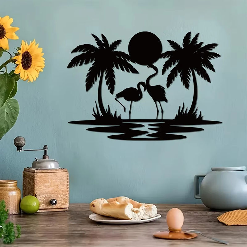 Hello young Wanddekoration aus Metall mit Flamingo, Palme und Sonnenuntergang in Schwarz - Bild 4