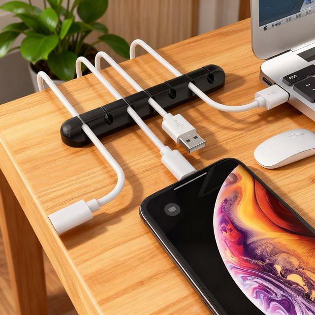 Schreibtisch-Kabelmanagement Kabel-Organizer mit 5/7-Loch-Clips für Telefon und Laptop in Schwarz - Bild 1