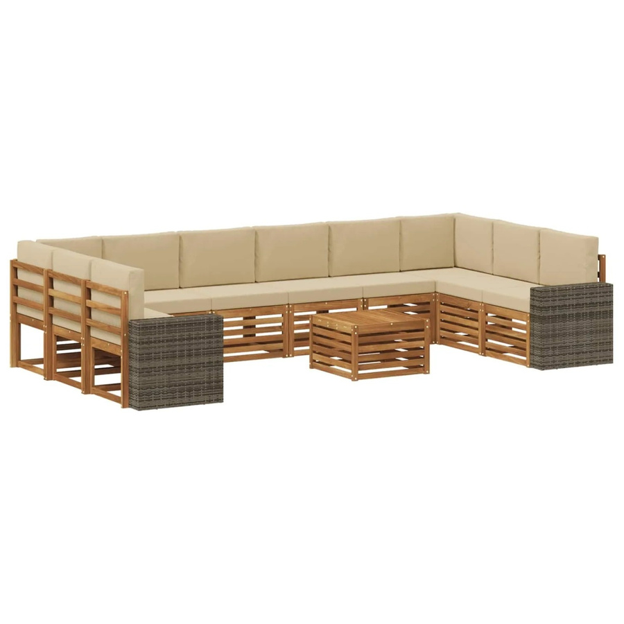 vidaXL Outdoor-Sofagarnitur L-Form aus Akazienholz mit 11 Teilen in Natur und Beige mit abnehmbaren Polstern aus Polyester - Bild 2