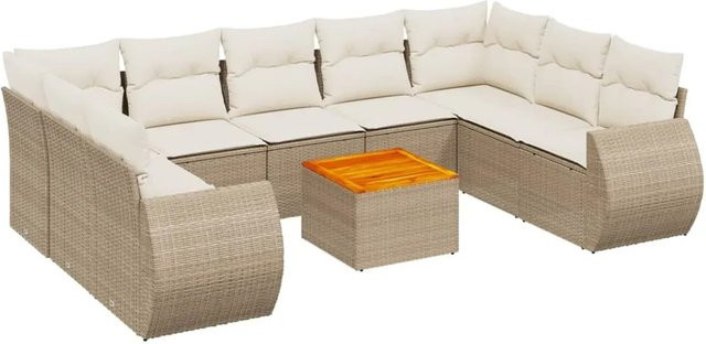 vidaXL 10-tlg. Garten-Sofagarnitur in U-Form aus Poly-Rattan und Akazienholz mit Kissen in Beige und Cremeweiß - Bild 1
