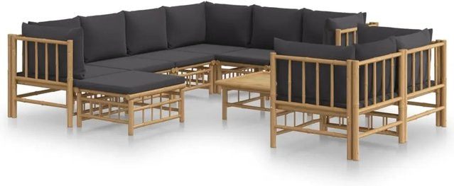 vidaXL 10-tlg Garten-Lounge-Set aus Bambus mit dunkelgrauen Polsterkissen - Bild 1