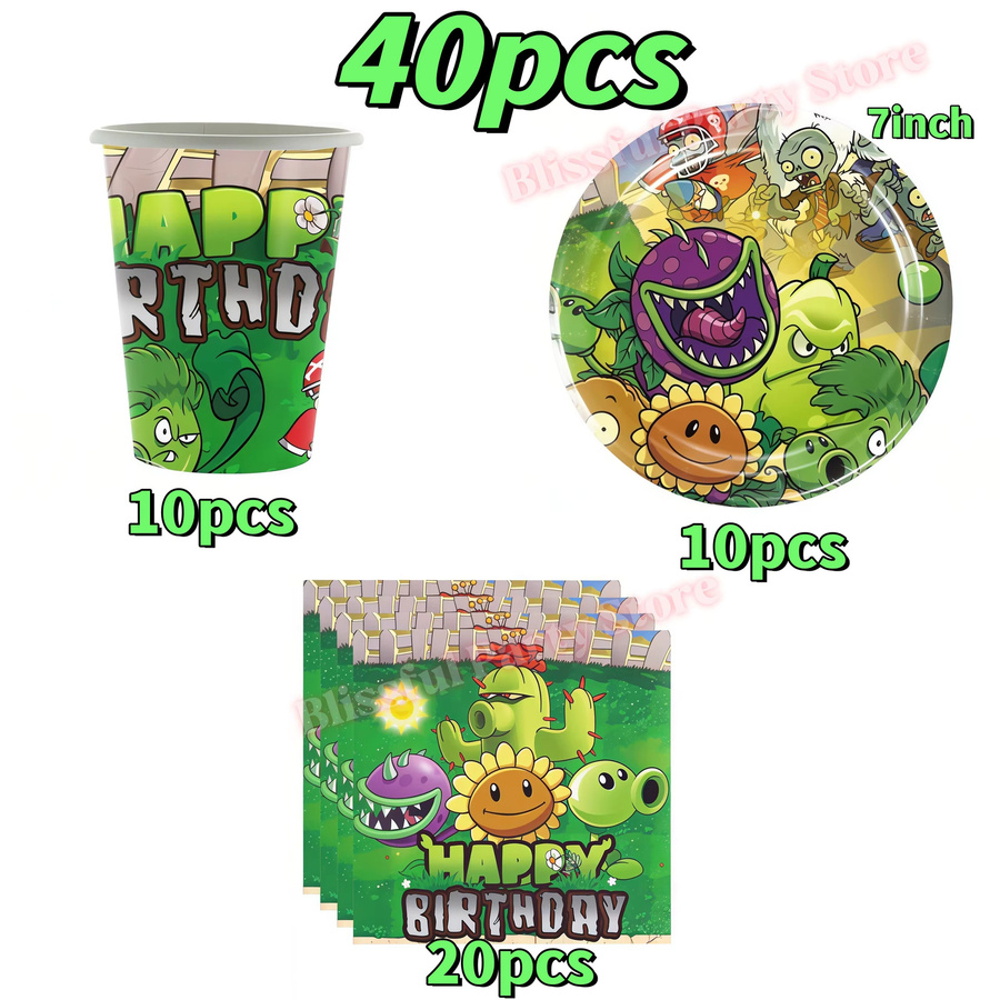 Potdemiel Plants vs. Zombies Geburtstagsparty-Dekorationsset in Multicolour mit Happy Birthday Banner, Tassen und Tellern für Kinder - Bild 3
