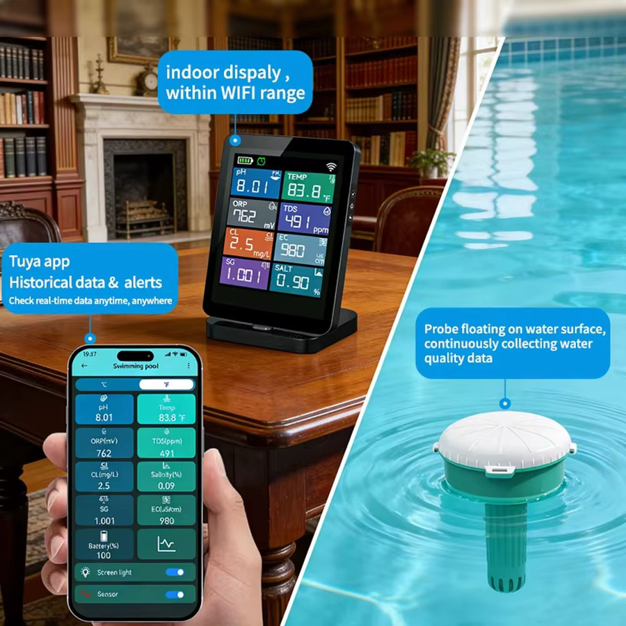 Smartes Tuya WiFi Pool-Wassermessgerät von JUANJUAN in Weiß – Schwimmender 8 in 1 Wasserqualitätstester für PH, Chlor, EC, TDS, Salz, S.G, ORP und Temperatur - Bild 2