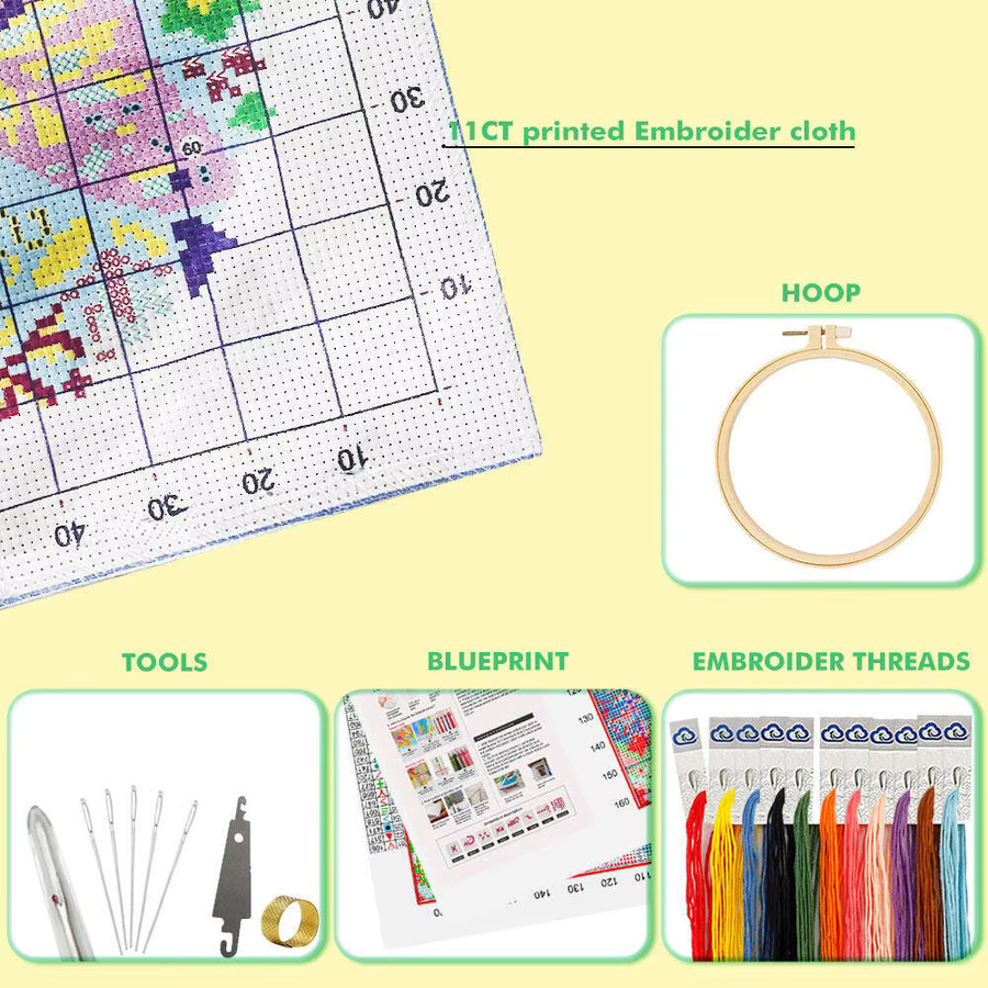 MomoArt DIY Kreuzstich-Set mit Schmetterlingsmuster und Blumen, 11 ct bedruckte Leinwand inklusive Stickrahmen und Werkzeug, Mehrfarbig - Bild 5