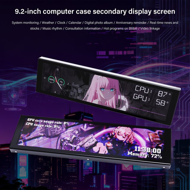 AuyiHomu 9,2 Zoll IPS Sekundärmonitor mit USB-C Anschluss als CPU und GPU Temperatur-Datenmonitor für dein PC-Gehäuse in Schwarz oder Weiß - Bild 1